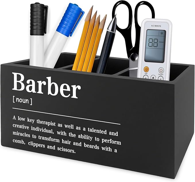 QZQE Barber Definition Pen Pencil Holder Organizer for Desk, Salon Barbershop Decor, Modern Minimalist Barber Shop Wooden Box Signs Decorations for Home Office Desk Tabletop