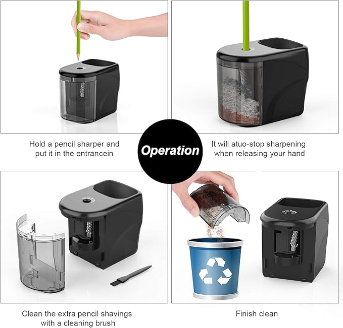 Electric Pencil Sharpener Heavy-Duty Helical Blade Sharpener with Adapter/Battery Operated for No.2/ (6-8mm) Pencils with Auto Stop & Cleaning Brush in School/Classroom/Office (Black)