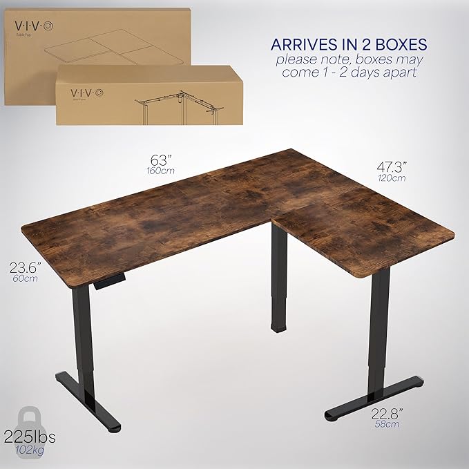 VIVO Electric Corner 63 x 47 inch L-Shaped Standing Desk, Memory Height Adjustment, Rustic Vintage Brown Top Black Frame, DESK-E3CTN-47