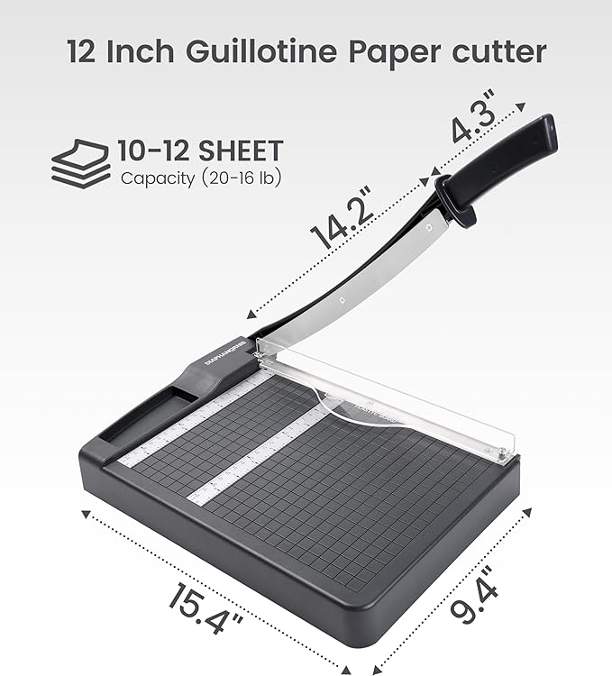 Paper Cutter,Paper Trimmer12" Cutting Length Heavy Duty Guillotine Paper Slicer with Safety Guard and Blade Lock,12 Sheets Capacity,Ideal for Offices,Homes,Printing Shops,Photo Studios