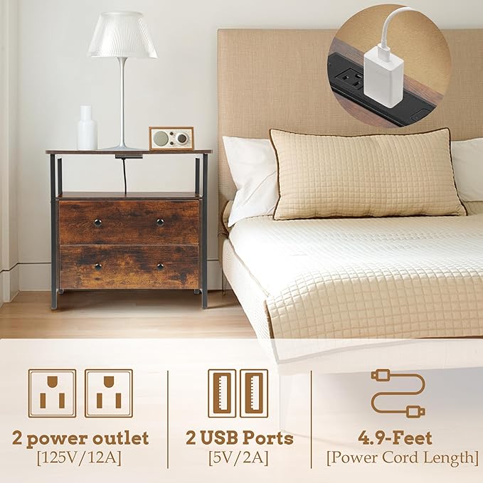 Edbuosy 27 inch Wide Night Stand with Charging Station, Bedside Table with Open Shelf, 2 Drawers Small Wood Dresser, Modern Wood Nightstand for Bedroom/Living Room (Rustic Brown)