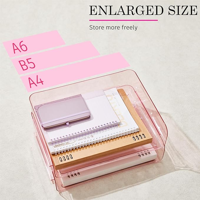 Harloon 4 Tier Acrylic Paper Tray 13 x 9.8 x 3 Inches Stackable Letter Clear Organizer No Need to Assemble Acrylic Paper Organizer File Tray for Office Workspace Desktop Storage (Transparent Pink)