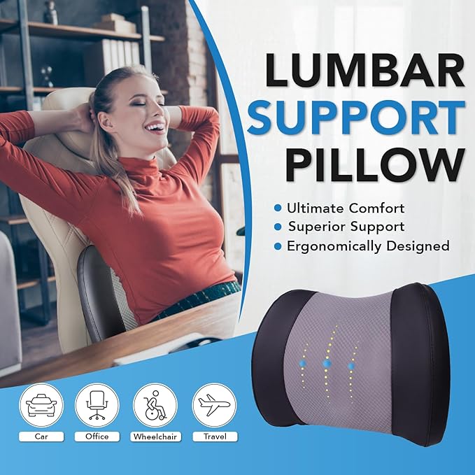 Lofty Aim Lumbar Support Pillow for Car, Memory Foam Lumbar Pillow for Lower Back Pain Relief - Back Cushion for Driving, Chair Support for Car-Office Chair, Wheelchair - Black&Gray