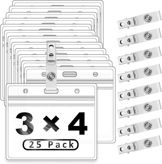 ZHEGUI Clear Plastic Horizontal Name Tag Holders and Metal Badge Clips with Vinyl Straps Waterproof PVC ID Card Badge Holder 3x4 Inch(25 Pack, Horizontal Large 3x4)