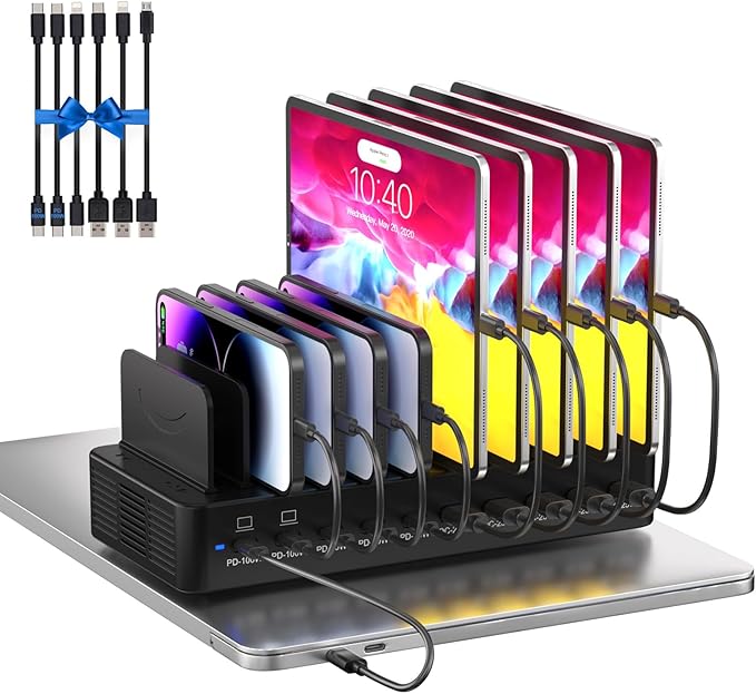 415W Charging Station for Multiple Devices, 10-Port USB C Fast Charger Station, Dual PD 100W Charging Dock with Adjustable Dividers & 6 Cables-Device Organizer for Laptop MacBook, iPhone, iPad