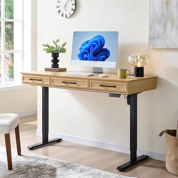 wow97e Electric Standing Desk with 3 Storage Drawers, 55x22 Inch Adjustable Height Office Computer Desk w/One-Piece Desktop & Power Outlets,Sit to Stand Up,Gaming Table for Study and Home, Natural Oak