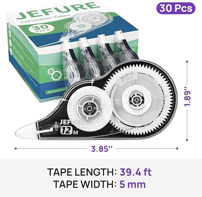 JEFURE 30 Pcs Correction Tape, 39.37 Ft White Wrong Out Tear-Resistant Bulk, Instant Corrections Easy to Use Applicator for School, Office, Note Taking, Journal (Tape Width 0.2 in，Clear)