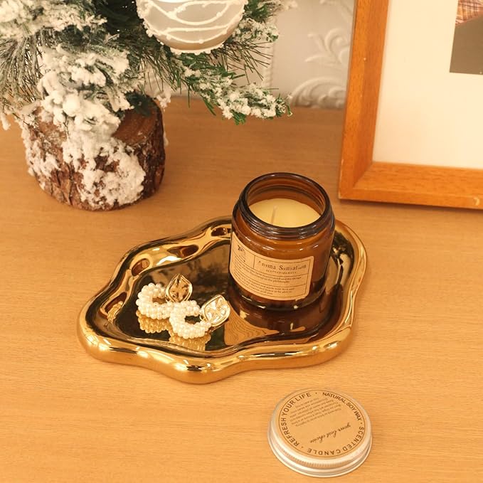 CCINPPY Ceramic Jewelry Tray Trinket Dish, Decorative Cloud Vanity Key Tray for Women, Ring Holder Dish, Cute Jewelry Plate Bowl Room Decor Aesthetic, Gold, Medium