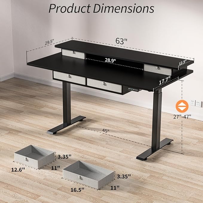 Kingant 63 x 30 Inch Electric Standing Desk with 4 Drawers, Adjustable Height Computer Desk for Home Office, Large Workstation Sit Stand Up Desk with Built-in USB A/C Charging Ports, Black