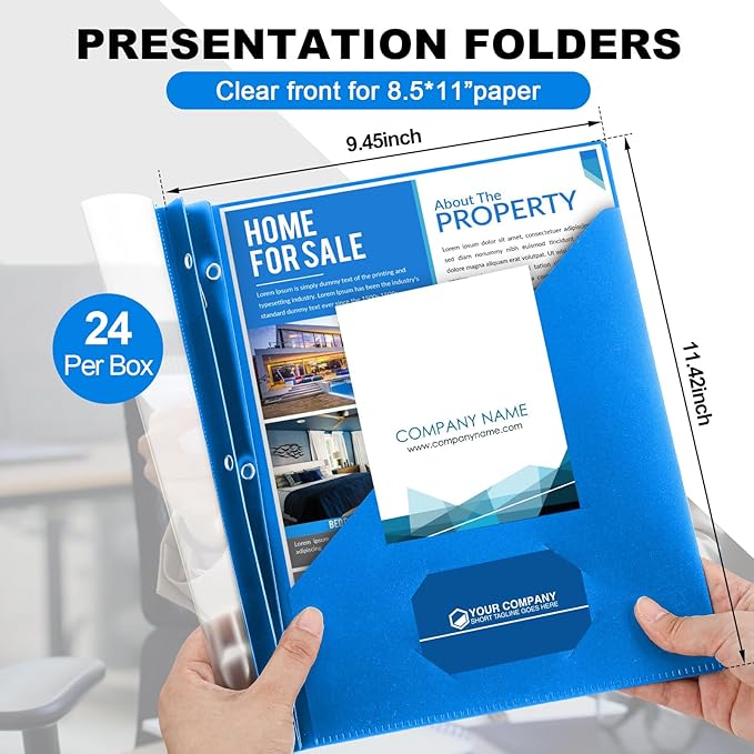 Teling 24 Pcs Clear Front Report Covers with 3 Prongs, Plastic Blue Presentation Folders Bulk with 3 Pockets for A4 and Letter Size Paper, 90 Sheet Capacity, Document Covers for School Business