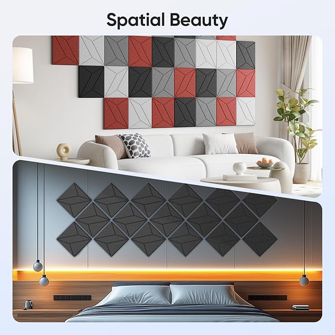 UNECHO 12 Pack 12" X 12" X 0.4" Acoustic Panels for Wall Sound Absorbing, P-Stripes Square Self-Adhesive Sound Panel, High Density Suitable for Multiple Scenarios(Cherry Red)