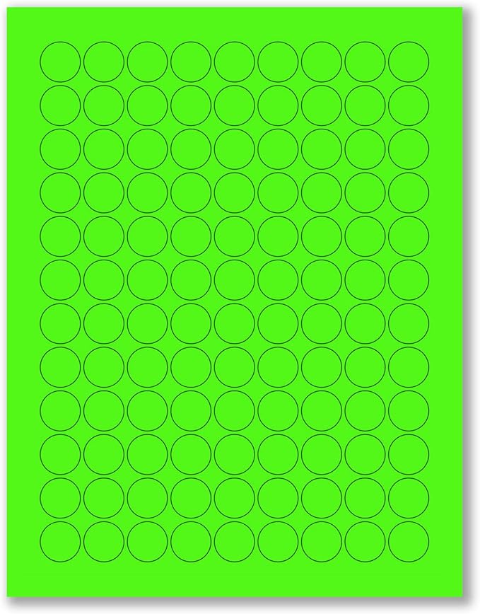 NextDayLabels - 8-1/2 x 11 Neon Color High Light Fluorescent Labels for Laser & Inkjet Printer (Green Fluorescent, 3/4" Round - 108 Per Page | 2700 Labels)