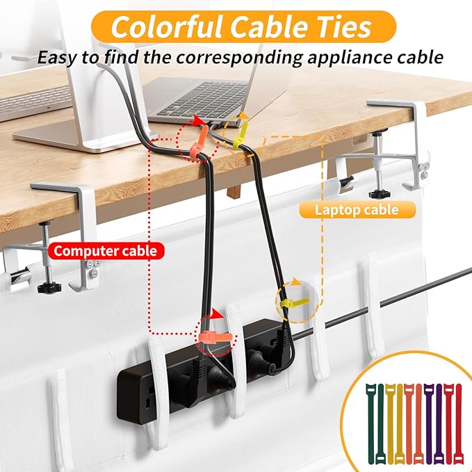 SUREUP9 No Drill Under Desk Cable Management Tray, 28" Cord Organizer with Clamp, Fabric Cable Management for Standing Desks, Ideal for Home & Office - White