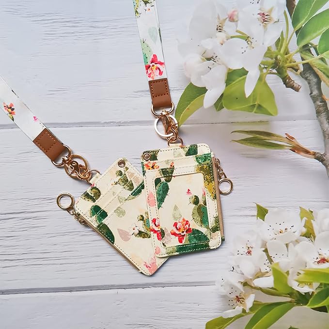 Lanyard Wallet,Wallet Lanyard,lanyards for id Badges,lanyards for id Badges for Women,Lanyard Wallet for Women,Fashion Badge Holder with Zipper（Cactus）
