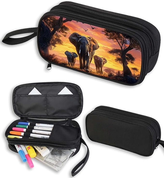 AnySmic Elephant Pencil Case for Boys Girls, Large Pencil Pouch for Kids and Students, Polyester Big Capacity Pen Box, Double Zipper, Multi-Slot Pen Bag Organizer