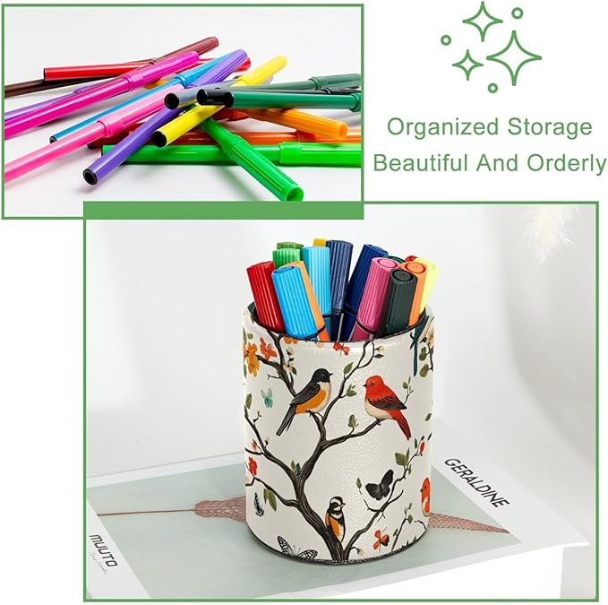 Leather Pen Holder for Desk, Colored Birds Flowers Trees Pencil Cup Desktop Organizer Makeup Brush Holders Office Supplies for Home, Kids & School