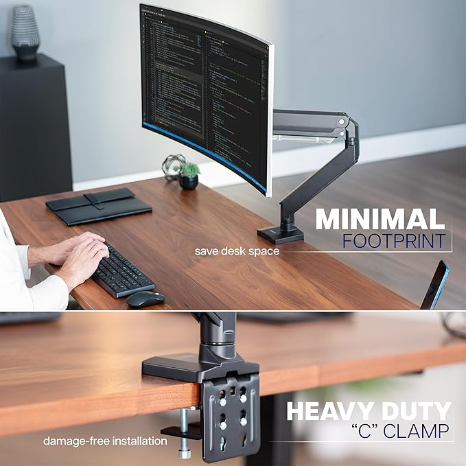 VIVO Premium Aluminum Monitor Arm for Ultrawide Screens up to 49 inches and 33 lbs, Heavy Duty Single Desk Mount, Pneumatic Height, Max VESA 100x100, Black, STAND-V101G1
