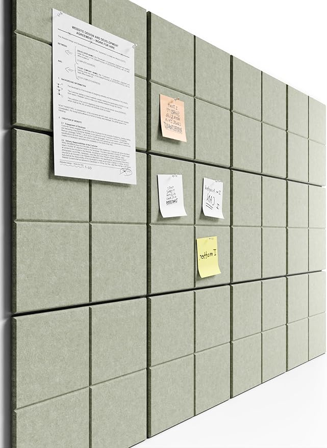 Bumusty Large Cork Board Alternative-47 x35 Felt Bulletin Board Tiles, with 30 Pushpins, 70 Adhesive Tabs, 12-Pack Slat Wall Paneling, Cork Boards for Office Push Pin Board Felt Board-Sage