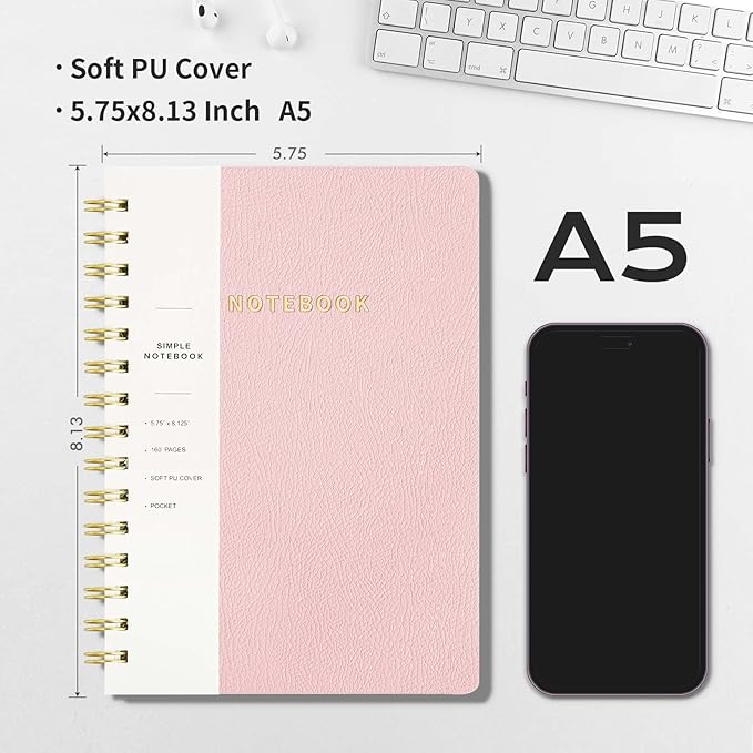 Spiral Notebook-5.75" x 8.125" College Ruled Journal with Inner Pockets and 160 Pages,PU Leather Cover Business Journal, Twin-Wire Binding Notebook Perfect for Office & Home School Supplies Light Pink