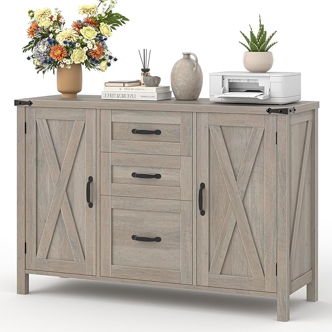Vabches File Cabinet with 3 Drawers, Farmhouse Lateral File Cabinet Fits Files Letter/A4 Size, Wooden Filing Cabinet with Door and Adjustable Shelves Printer Stand for Home Office, Rustic Grey