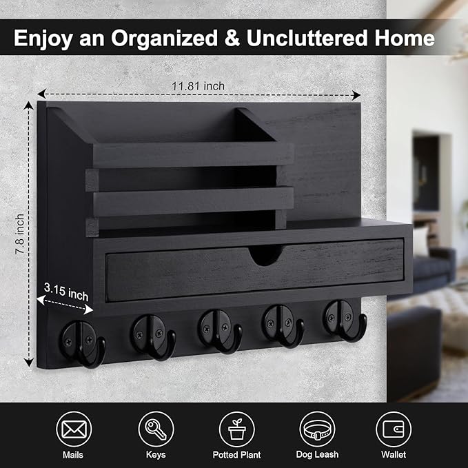 Lucundm Key Holder Wall Mount, Mail Holder with Storage Drawer and 5 Key Hooks for Coat, Dog Leash, Home Decor Rack, House Accessories, Entry Way Organizer