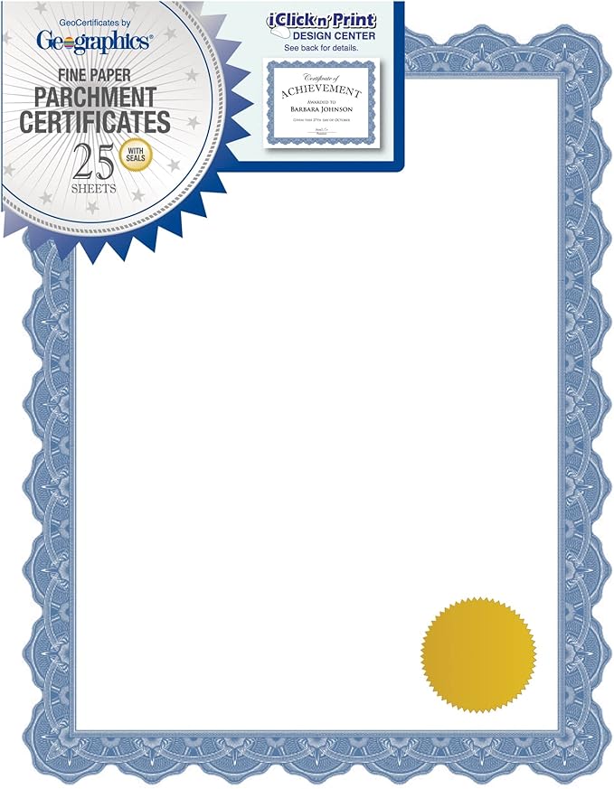 Geographics Optima Blue Blank Award Certificate Paper with Gold Foil Seals, 8.5 x 11", Seal 1.75" (Pack of 25)
