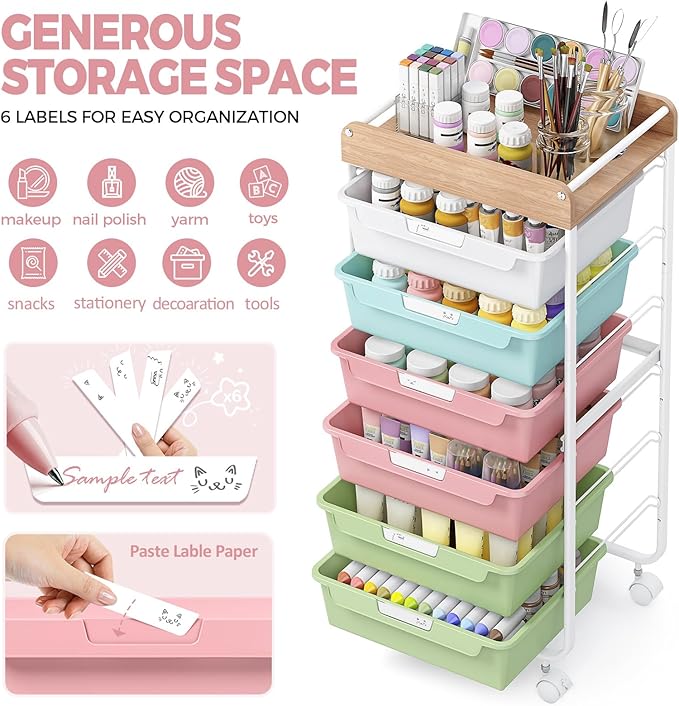 Rolling Storage Utility Cart With 6 Drawers,Art Supply Craft Organizer,Sewing Makeup Organizer And Storage,Office Organization Wooden Tabletop,Colorful