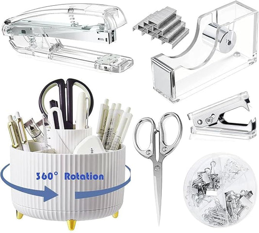 Gawsey Desk Organizers and Accessories Set with 360-Degree Rotating Pen Holder, Acrylic Stapler, Tape Holder, Staple Remover, Binder/Paper Clips Kit, Scissor and 1 Box of Staples
