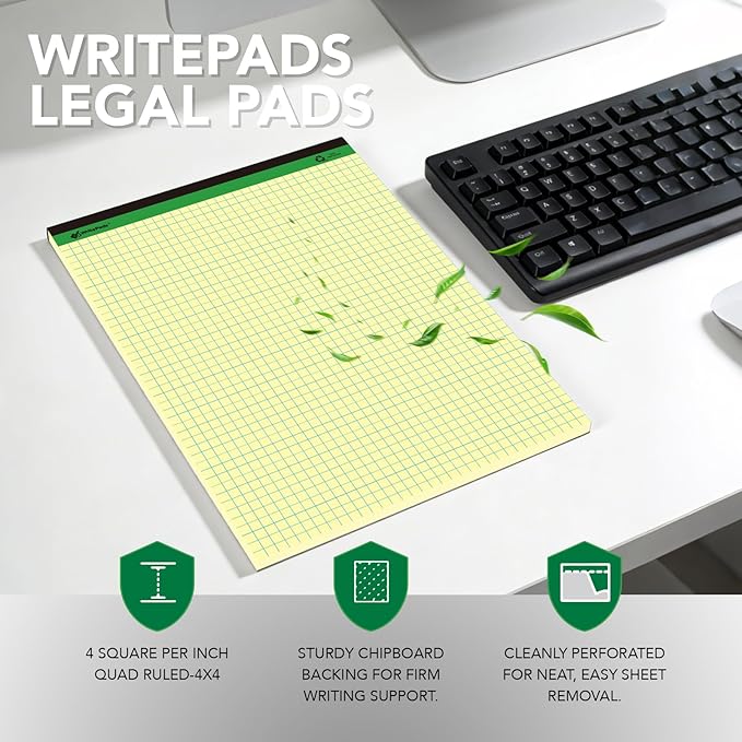 KAISA Graph Paper Legal Pads Writing Pads Recycled Paper 8.5"x11.75" Quad Ruled 4x4 Perforated 50 sheets/pad Grid Paper Yellow Notepads Writing Tablet For Office Supplies (Canary 6pad, 8.5x11.75'')