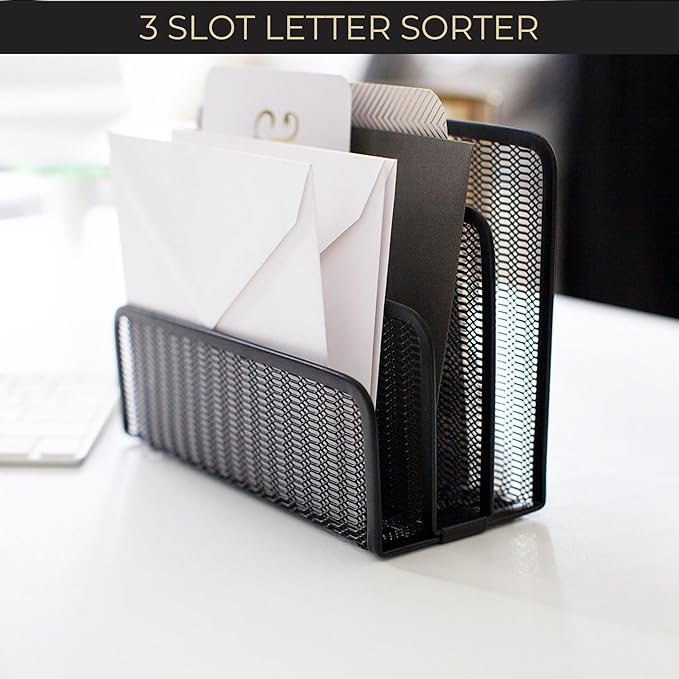 BLU MONACO Black Metal Mesh Letter Sorter | 3-Slot Mail Organizer for Desk, Office & Home | Vertical File & Envelope Holder with Non-Slip Base | Space-Saving Desktop Mail Organizer