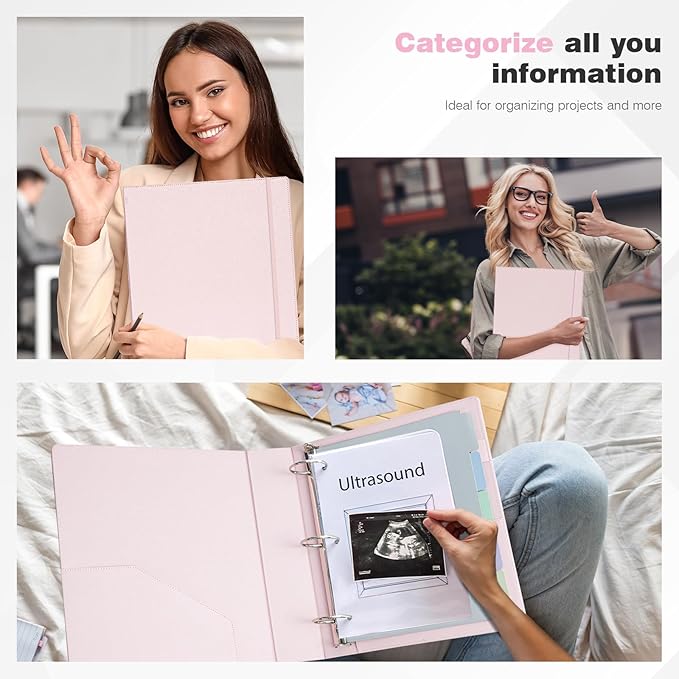 Ospelelf Vintage Hardcover 3 Ring 2 inch Leather Binder, Professional Binders Organizer Suitable for Letter Size Documents, Binder Dividers with Tabs, Rose Pink