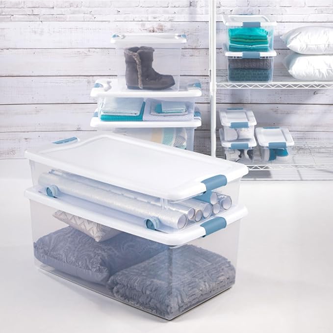 Sterilite 18-Pack Latching Box, Under Bed Storage Bins with Lids, Clear Plastic, 25 Quart - Heavy-Duty Organizing Containers for Closet, Bathroom, and Office