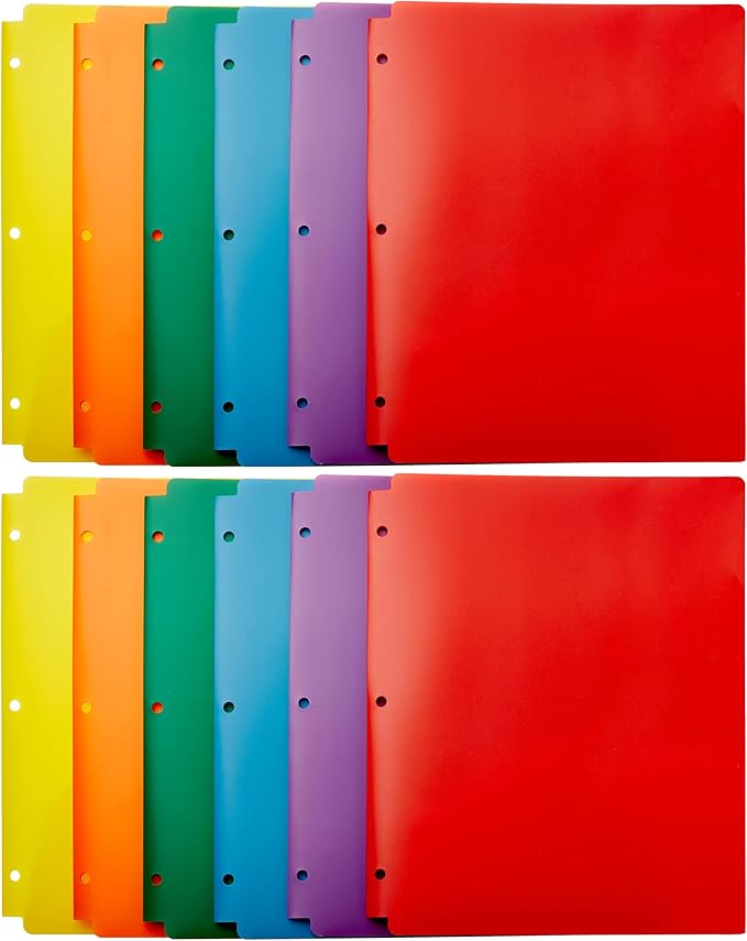 Amazon Basics Plastic 3 Hole Punch Folders with 2 Pockets, 8.5 x 11 inches, Pack of 12, Assorted Color