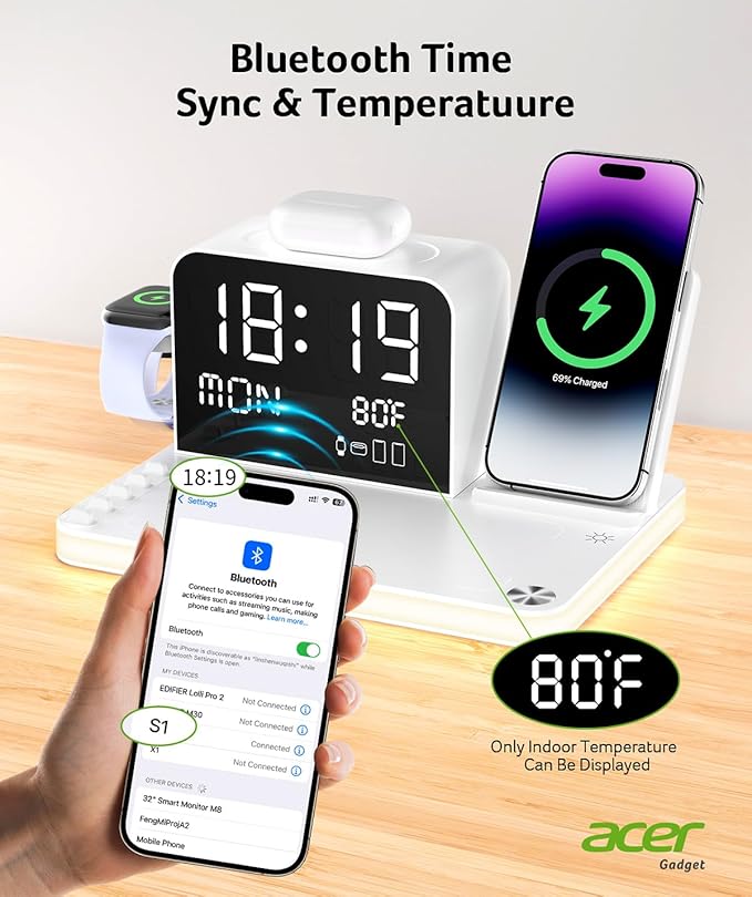 Acer 7-in-1 Wireless Charging Station with LED Clock - 30W Fast Wireless Charger for iPhone 16/15/14/13/12/Pro Max, Apple Watch, AirPods - Bluetooth Auto Time Sync & Night Lights (White)