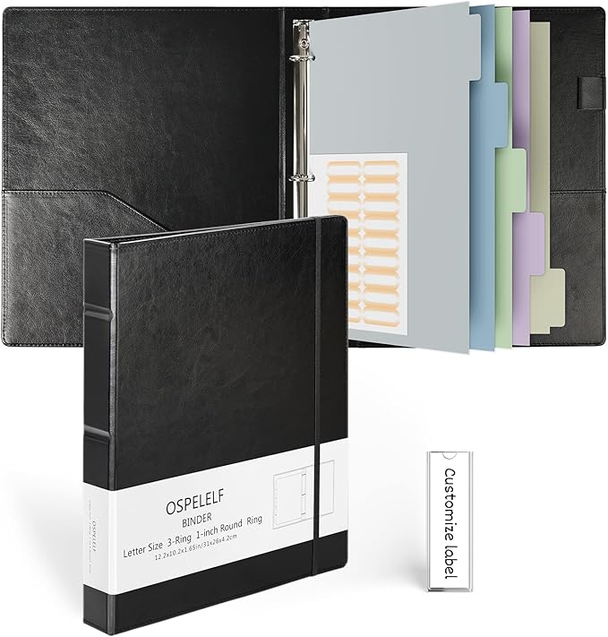 Ospelelf Vintage Hardcover 3 Ring 1 inch Leather Binder, Professional Binders Organizer Suitable for Letter Size Documents, Binder Dividers with Tabs, Faux Black Leather