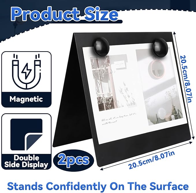 2 Pcs 8x8inch Magnetic Bulletin Board with 4 Magnets, Metal Magnet Display Board, Tabletop Memo Board, Memo Display Easel Stand for Home Kitchen School Office
