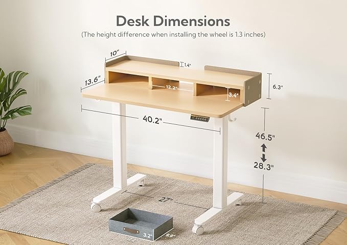 Claiks Standing Desk with Drawers, Adjustable Stand Up Electric Small Standing Desk Adjustable Height with Storage Shelf and Splice Board, 40 Inch, Natural