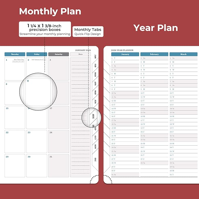 IN-LUXPRO Planner 2026 Daily Weekly and Monthly,8.5"x6.5",12 Months Spiral Bound Calendar Agenda with Self-adhesive Pen Holder,2026 Appointment Book with Vegan Leather Soft Cover,Red