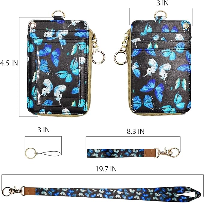 Cute Id Badge Holder with Lanyard,Blue Butterfly Teacher Lanyards for Id Badges and Keys,Identity Id Badge Holder Case, Nurse Doctor Office School Teacher Name Credit Card Pocket