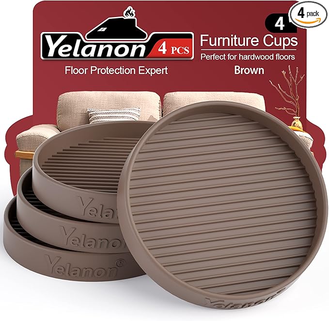 Furniture Coasters - 4 Pcs 4”Round Furniture Caster Cups - Non Slip Pads Hardwoods Floors Non Skid Furniture Grippers Rubber Furniture Feet Anti Slide Floor Protector for Bed Couch Stoppers Brown