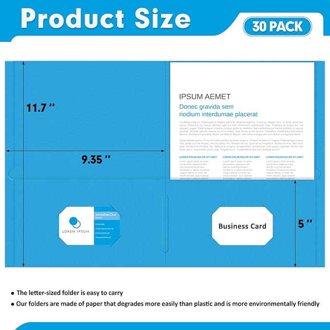 Two Pocket Folders, PANDRI 30 Pack 2 Pocket Folders, Letter Size Paper File Folder for School Office Home Business, LightBlue