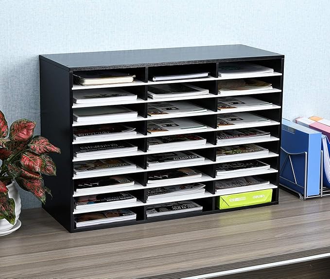 EasyPAG Wooden Literature Organizer with Adjustable Shelves, 27 Compartments Office Paper Organizer Storage 13500 Sheets Letter Size Paper, Student Mailbox for Classroom, Black/White