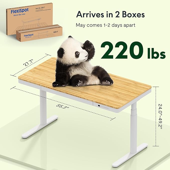 FLEXISPOT Q8 55" Bamboo Standing Desk, Dual Motor 3 Stages Adjustable Height Electric Computer Workstation w/Wireless Charging, Drawer, Quick Install, 220lbs Capacity (Bamboo Tabletop + White Frame)