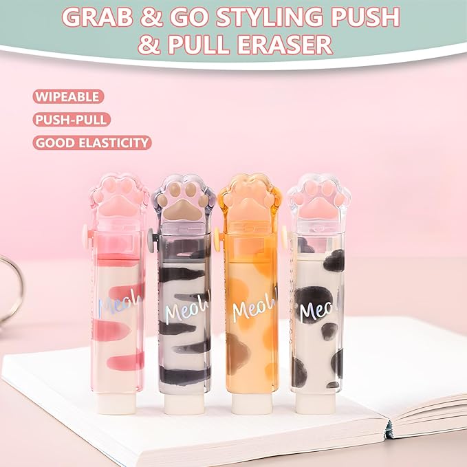 Retractable Pencil Eraser, Cute Erasers,Kawaii Cat Paw Eraser,Suitable for School Home Office Supplies, 4Pcs