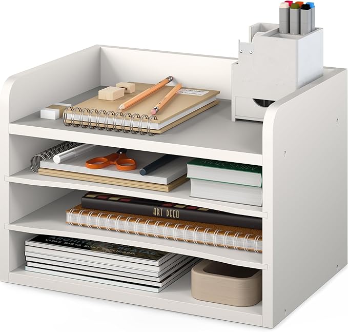 Ballucci File Organizer, 4-Tier Office Desk Organizer, Open Top Wood Paper Organizer for Classroom, Mail Sorter Paper Tray with Adjustable Storage Shelves, White