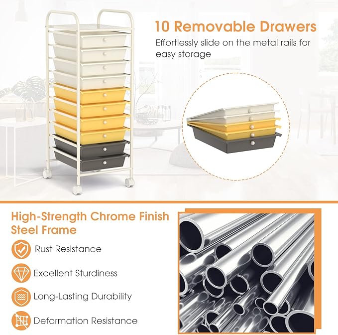 GLACER 10 Drawers Rolling Cart, Storage Cart with w/Removable Drawers & Steel Frame, Utility Mobile Trolley w/Universal Casters & 2 Brakes, Organizer Cart for Home, School, Office (Yellow)