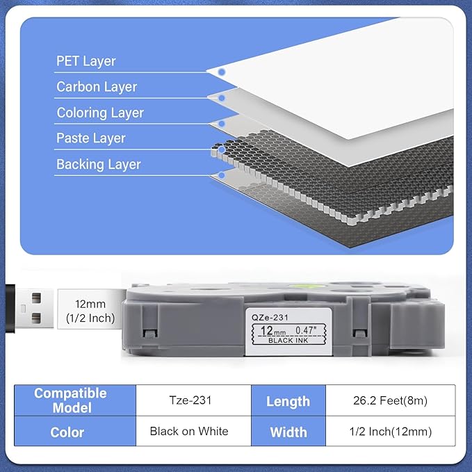5pack 12mm 0.47'' TZe TZ Tape Laminated White Label Maker Tape Replacement for Brother P Touch Label Tape TZe-231 TZe231 Compatible with Brother PT-D210 PT-D220 PT-H110 PT-D410 PT-P710BT