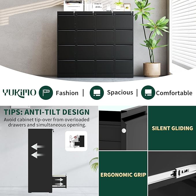 Yukimo 4 Drawer File Cabinet with Lock, Vertical Filing Cabinets for Home Office, Locking File Cabinet Hanging Files for A4/ Legal/Letter, Require Assembly, Black