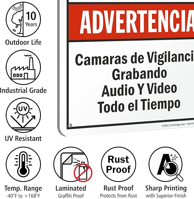 SmartSign 18 x 12 inch “Warning - Audio & Video Surveillance On Duty At All Times” Bilingual Sign, Digitally Printed, 55 mil HDPE Plastic, Red, Black and White, Made in USA