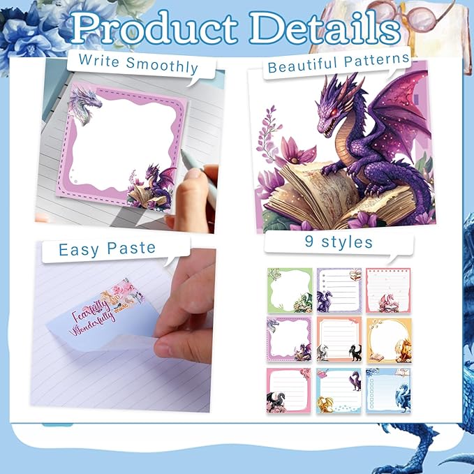 Lovarywow Dragon Sticky Notes Gifts, 9 Pack Cute Dragon Notepads 3x3 Inch Gifts for Students Coworkers, Funny Self-Stick Memo Pad Office School Supplies for Men Women (450 Sheets)